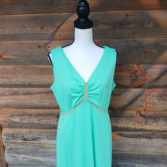 Vintage 70s Seafoam Green Chiffon Poncho  Polyester Maxi Dress Womens Sz 18 - Picture 7 of 9